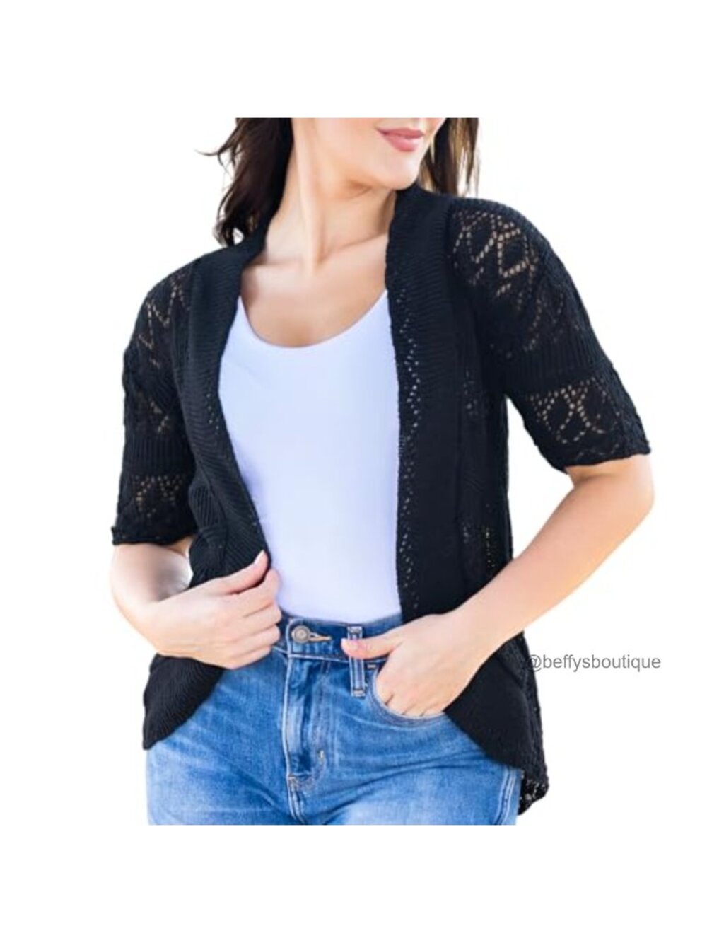 Crochet Knit Bolero Shrug Cardigan Short Sleeve Open Front Cropped Topper